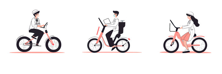 Fototapeta premium Doctors riding medical delivery bikes with stethoscope and laptop in flat minimalist style healthcare concept vector illustration