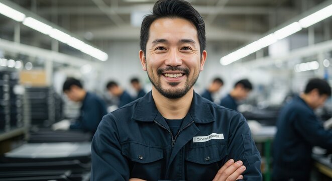 Smiling Asian Factory Worker in Blue Uniform with Arms Crossed Portrait