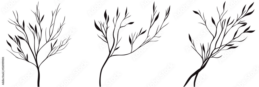 Poster minimalist hand drawn black silhouette of three slender tree branches with sparse leaves isolated on
