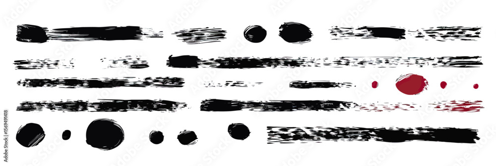 Poster set of black ink brush strokes and grunge paintbrush marks with red paint splatters on white backgro