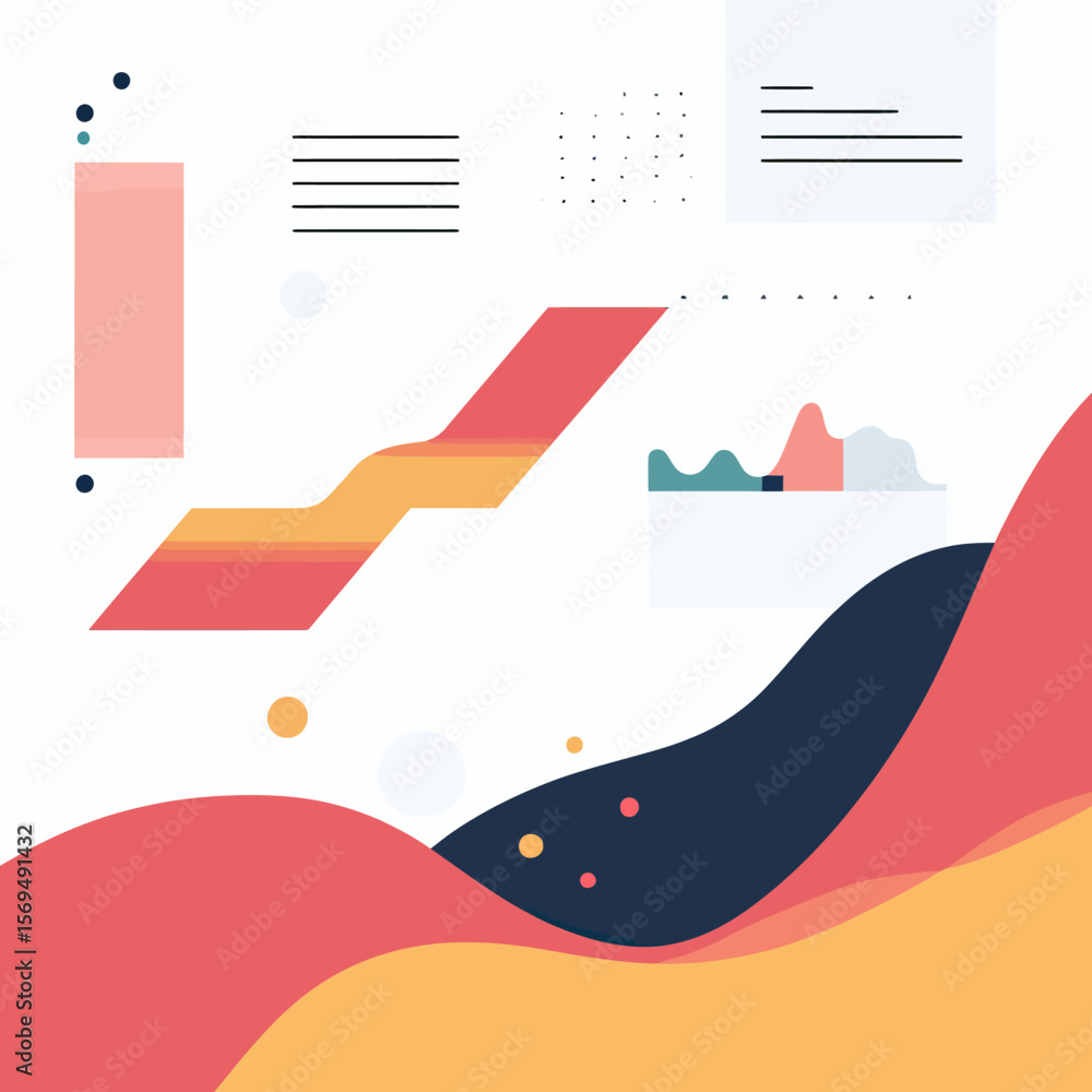 Poster abstract minimalist vector background with colorful flowing shapes, geometric elements, and chart gr