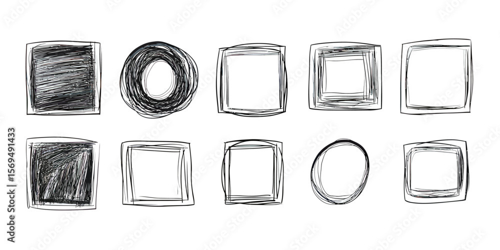 Aufkleber hand drawn doodle frames set with scribble brush pen style square and circle shapes for creative tex