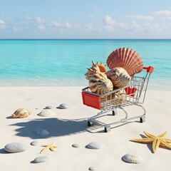 miniature shopping cart placed on white tropical sand near the shore