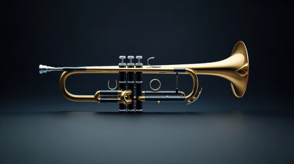 Obraz premium Minimal jazz, A minimalistic image of a black and gold trumpet on a clean surface.