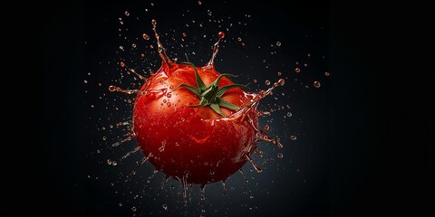 A vibrant red tomato with green stem surrounded by a splash of water on a dark background scene
