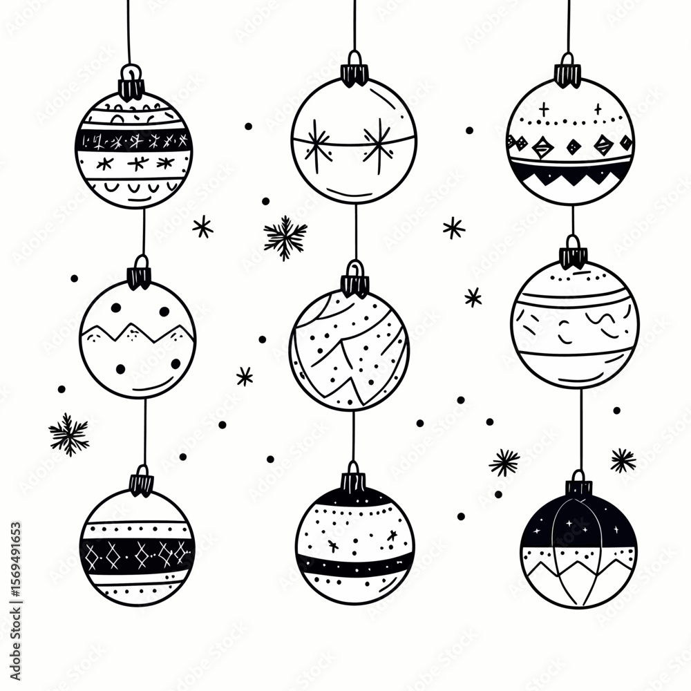 Poster hand drawn black and white christmas baubles set with various patterns hanging with snowflake and do