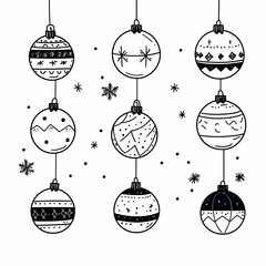 Hand drawn black and white Christmas baubles set with various patterns hanging with snowflake and dot decorations minimalist vector illustration suitable for holiday design and background