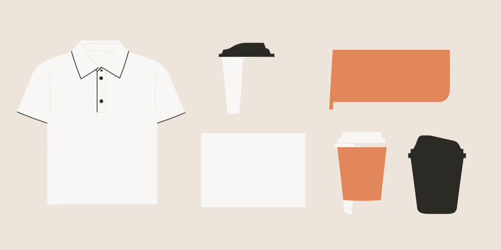 Minimalist flat vector coffee shop branding mockup with white polo shirt, takeaway cups, and blank card and notebook for restaurant identity template design