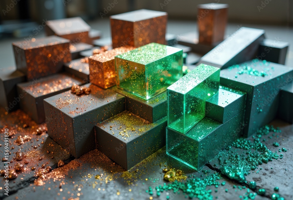 Poster colorful glitter and shiny cubes arranged on a dark surface with scattered particles creating a fest