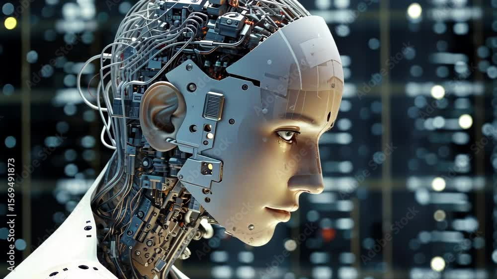 Poster exploring the intricate details of a humanoid robot with advanced circuitry in a futuristic city env