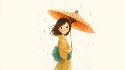 Charming illustration of a young woman in a kimono holding a traditional umbrella in the rain
