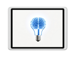 Tablet screen with brain light bulb image isolated on transparent or white background, png