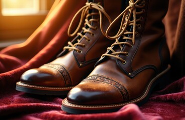 Close-up of stylish brown leather boots on a velvet surface with warm lighting