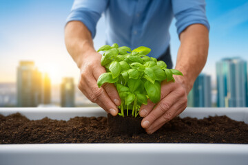 Man gently places basil seedling into soil in urban garden. Bright skyline in the background with warm sunset glow. Concept of urban gardening, sustainability, horticulture
