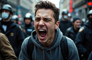 Fototapeta premium Young man shouting passionately during a protest with police officers in the background