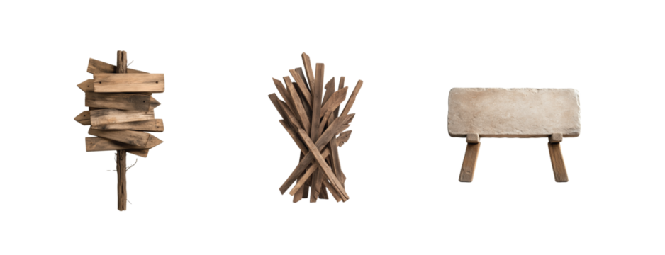 Rustic wooden signs and sticks with blank stone slate on wooden stands for text or art