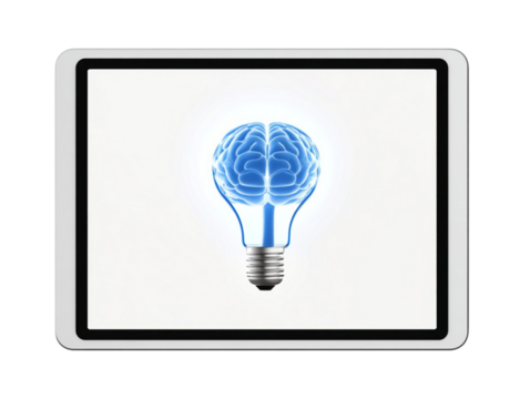 Tablet screen with brain light bulb image isolated on transparent or white background, png