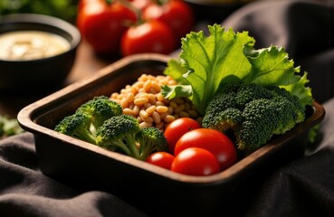Fresh broccoli, cherry tomatoes, and lettuce arranged in a black tray for healthy eating
