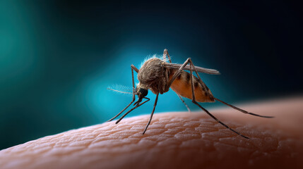 Close up view of mosquito feeding human skin, showcasing its detailed features and texture. image evokes sense of curiosity