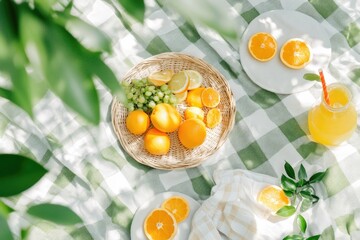Refreshing summer picnic with oranges and citrus fruits on green checkered blanket