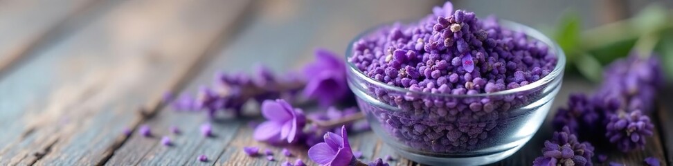 Calming Lavender Buds and Flowers in Glass Bowl Perfect for Relaxation and Wellness Imagery
