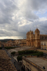 View of Noto Cathedral, Piazza del Duomo and Noto Municipality in Noto, Sicily, Italy