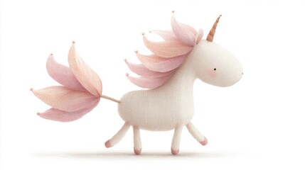 Cute whimsical unicorn illustration with a pink petal mane, isolated on a white background