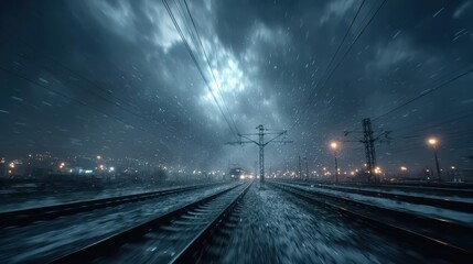 Stormy train journey through urban landscape at night