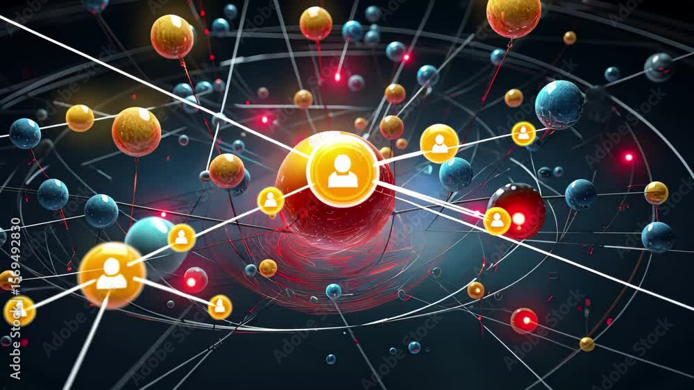 Poster scientific visualization of molecular structure with colorful atoms and energy dynamics in a digital