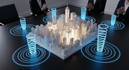 Digital Urban Transformation Business Leaders Collaborating on a Futuristic Smart City Model, Showcasing Advanced Connectivity and Strategic Infrastructure Development for Metropolitan Innovation