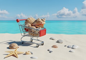 miniature shopping cart placed on white tropical sand near the shore