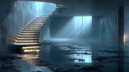 Mysterious abandoned staircase in a dark room of ethereal light