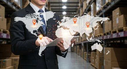 Global Supply Chain and Logistics Management Concept – Businessman Using Tablet with Location Pins Over World Map in Warehouse
