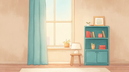 窓際の部屋のインテリア、本棚と椅子のある明るいリビングルームのイラスト
