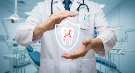 Dental Healthcare Protection Concept – Dentist Holding a Digital Shield with Root Canal Tooth Structure in Modern Clinic