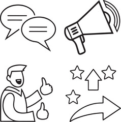 Vector illustration of communication, feedback, and rating icons with speech bubbles, megaphone, thumbs up, and stars in outline style