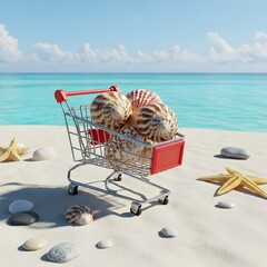 miniature shopping cart placed on white tropical sand near the shore