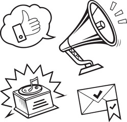 Vector illustration of communication, feedback, and rating icons with speech bubbles, megaphone, thumbs up, and stars in outline style