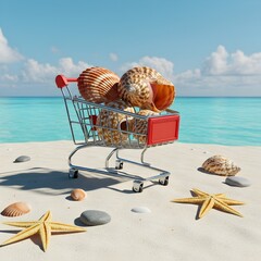 miniature shopping cart placed on white tropical sand near the shore