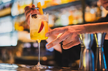 Bartender preparing a refreshing cocktail with ice, citrus, and plum slices in a tall glass....