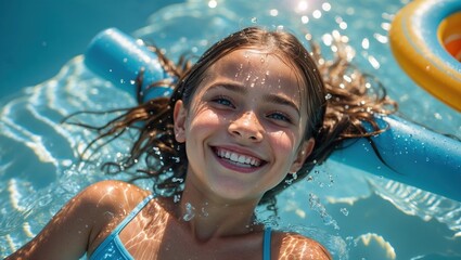 Cheerful girl floating on pool noodle, smiling joyfully in sunlit water. Summer fun, childhood happiness, carefree vacation vibes in bright, sparkling, turquoise-blue swimming pool