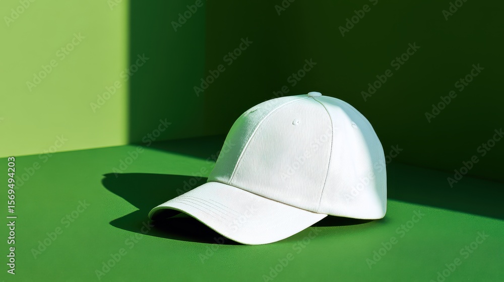 Poster a minimalist white cap resting on a vibrant green surface with shadows creating depth