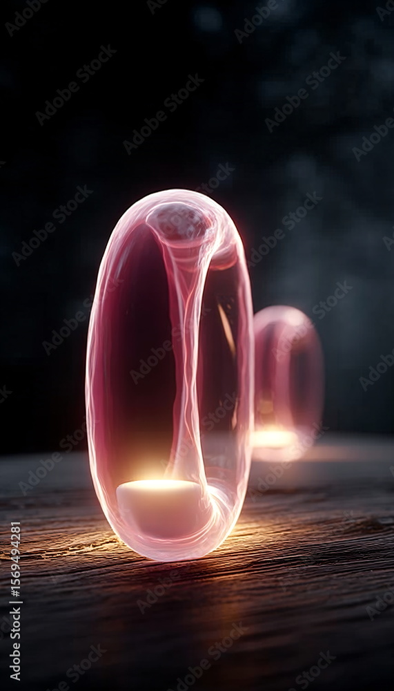 Poster abstract glowing pink object resembling an organ or cell. microscopic biological structure with inte