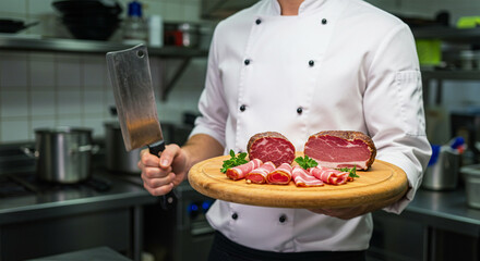 Chef Holding Cleaver and Gourmet Meat Platter in Restaurant Kitchen – Butchery and Culinary Food Preparation Concept