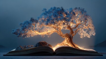 Magical book tree art installation nature digital artwork surreal close-up