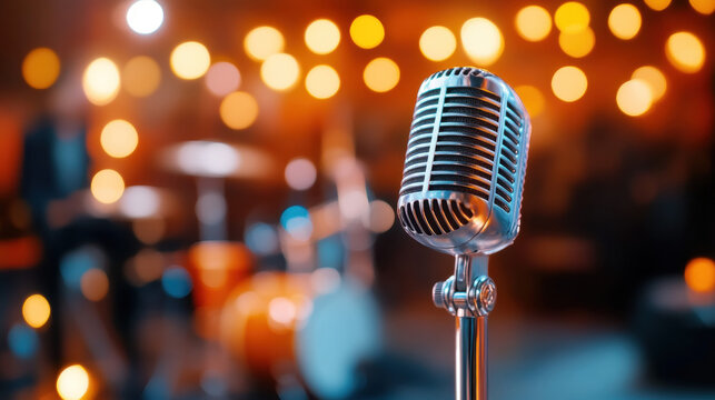 Minimal jazz, Vintage jazz microphone with blurred instruments in the background.
