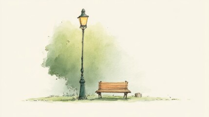 ベンチと街灯のある公園の水彩イラスト