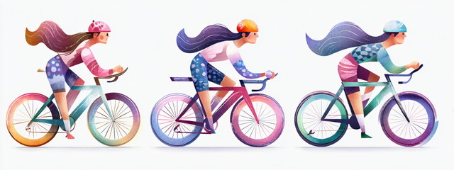 Fototapeta premium Three women cyclists in colorful outfits on racing bicycles in profile. Sport and active lifestyle concept illustration.