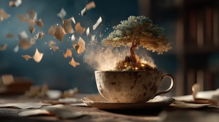Magical tree growth in coffee cup cozy room fantasy art warm ambiance