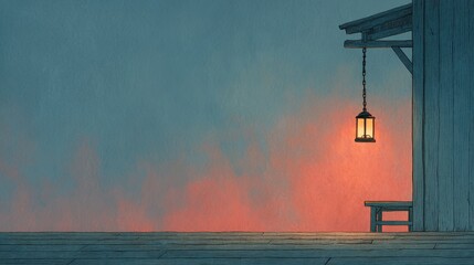 夕暮れの桟橋に灯るランタンのイラスト